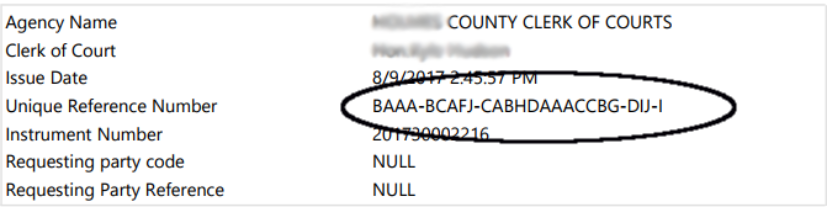 Screenshot of cover page of certified document with unique code circled in black.
